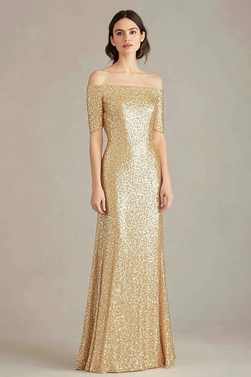 Guld Off The Shoulder Slida Formell Klänning Med Paljetter